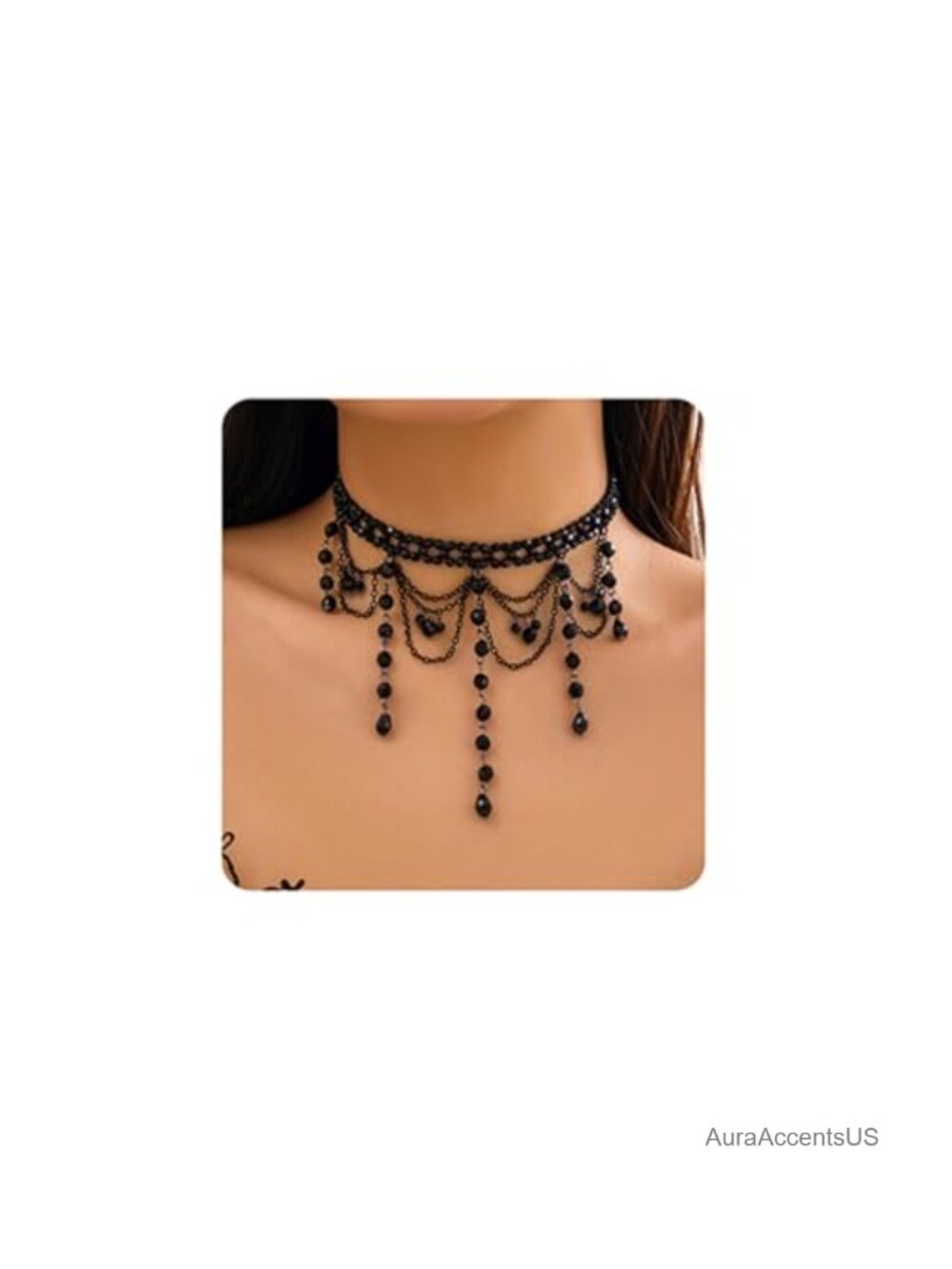 Vintage Crystal Beaded Long Pendant Necklace Lace Choker Layered Chain